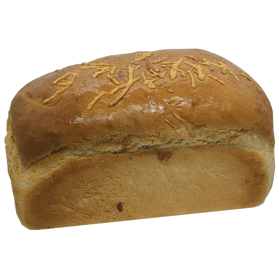 A whole, uncut loaf of cheese bread.